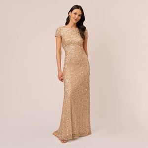 Adrianna Papell Scoop Back Sequin Formal Long Gown Champagne Gold, Size 12, NWT